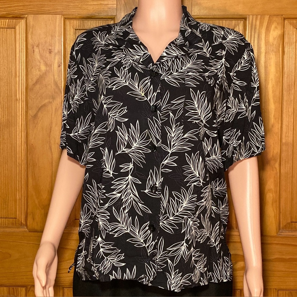 NWOT Sag Harbor Vintage 90s Top Short Sleeve Career Blouse Black White Size XL